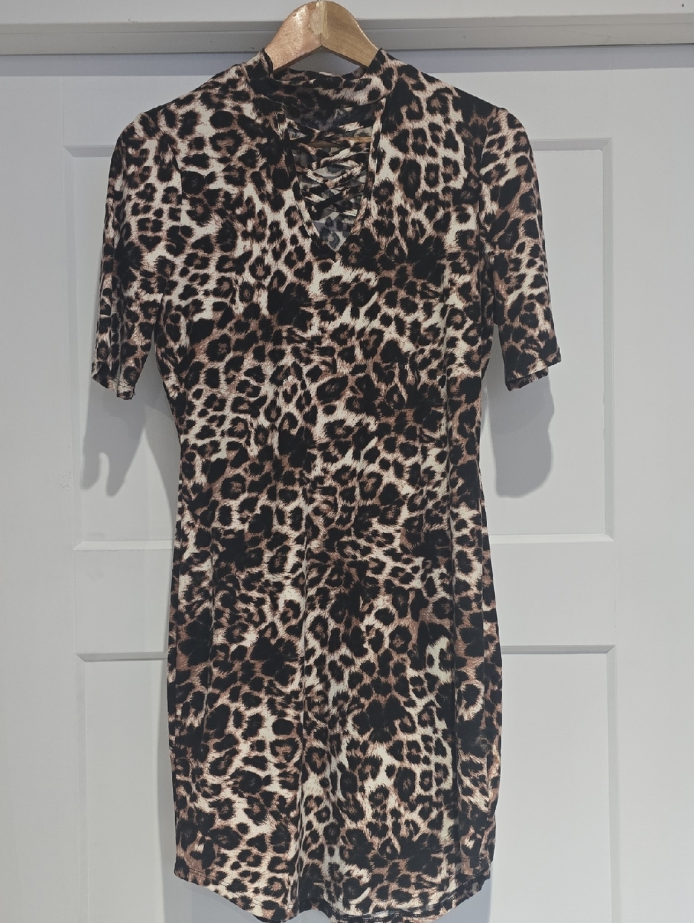 Bobbie Brooks Leopard Print Lace-Up V-Neck Mini Dress - Brown/Black/Cream